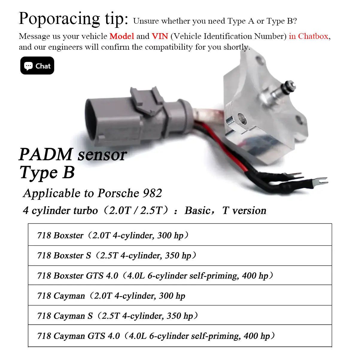 Upgraded PADM sensor—Type B For Porsche 718（Applicable to Porsche 982(4 cylinder turbo（2.0T / 2.5T）：Basic、T version)）